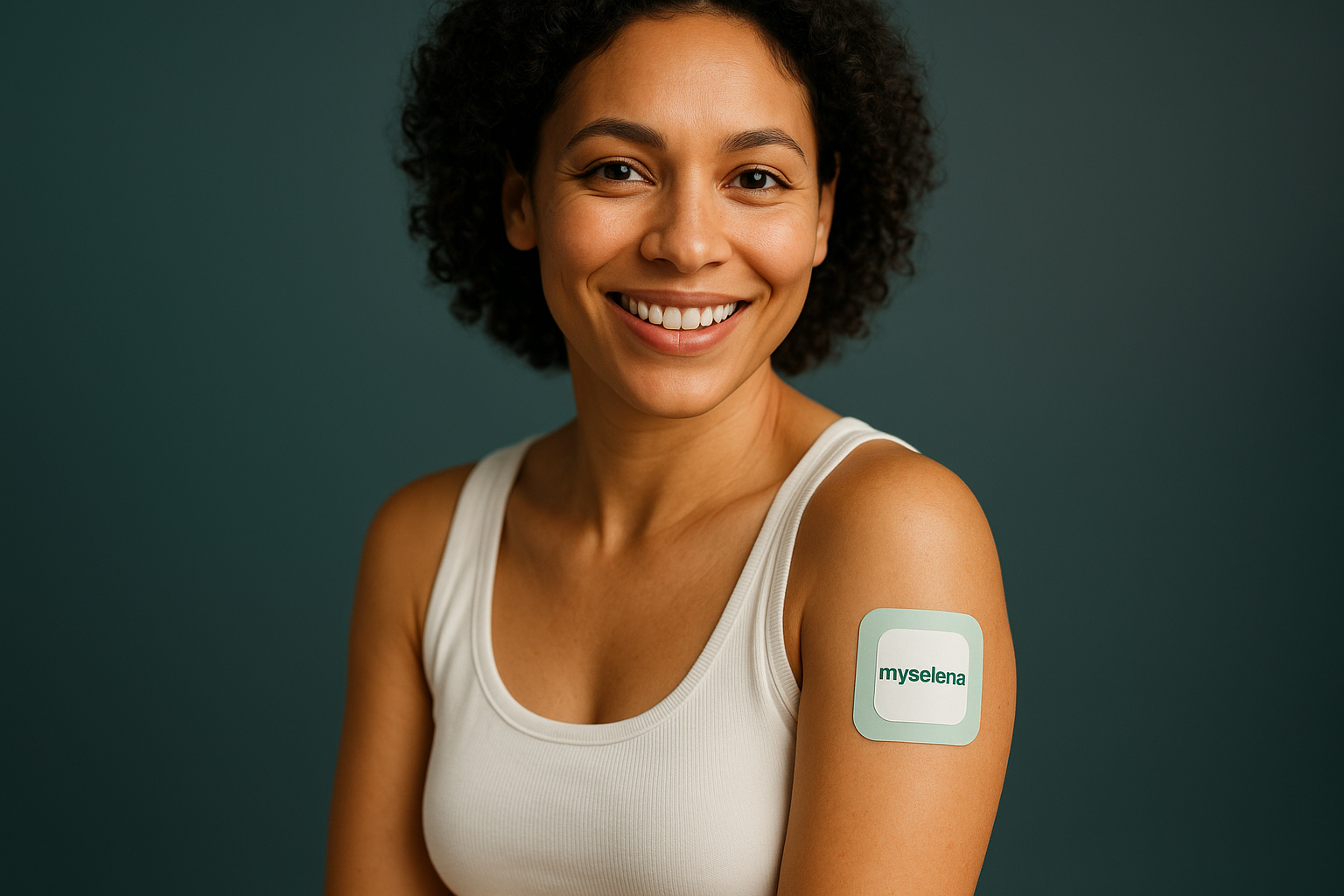 a women, smilling, beautiful, with a patch "myselena" on her arm. a deep background. take into account, my main color of my website is white and green (BFD8C5) and i sell transdermal patches.