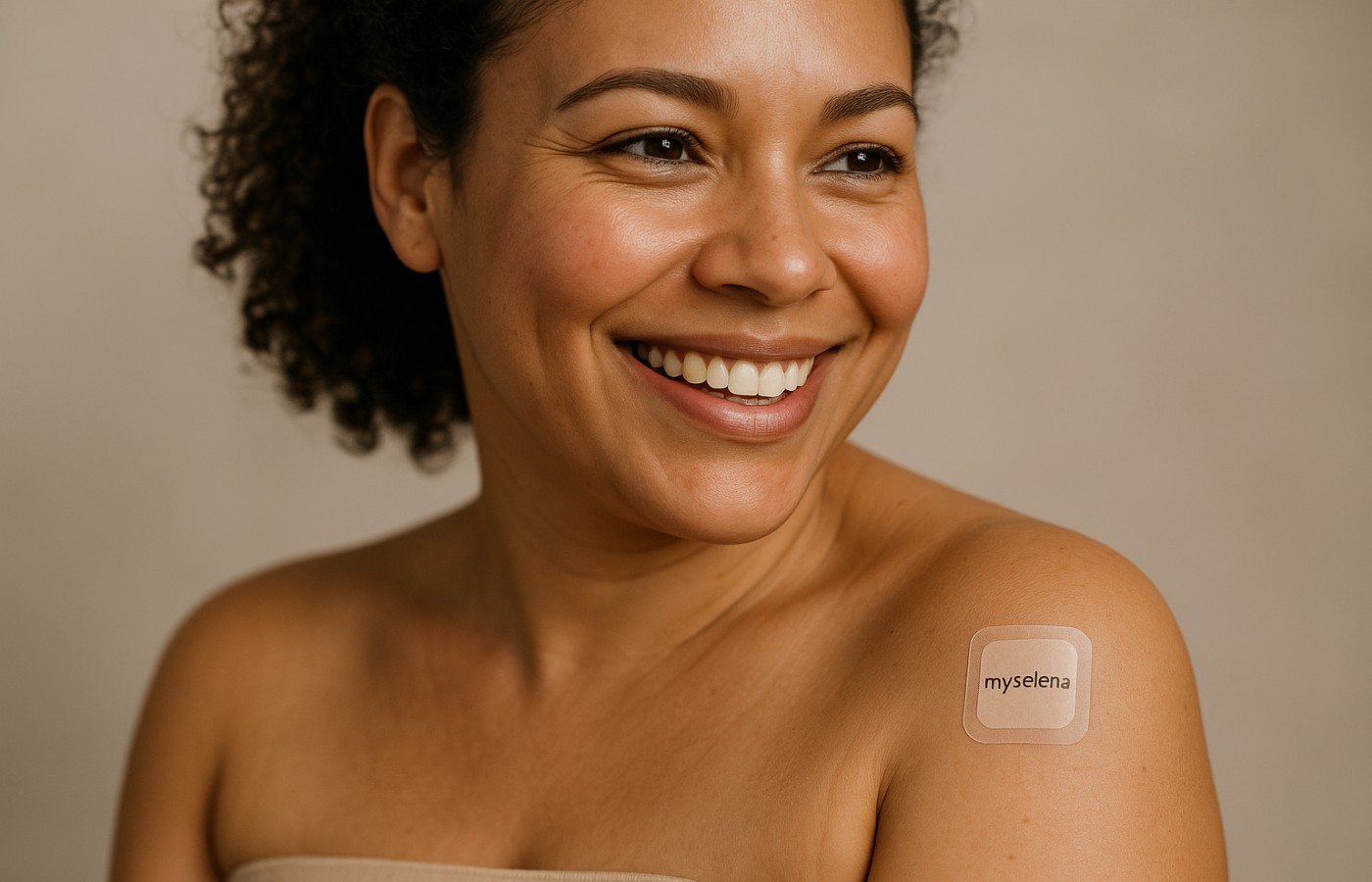 a women smilling which has a transdermal patch "myselena" on her shoulder, the transdermal patch must show only "myselena" brand and direct on her skin with no sleeve wear 
